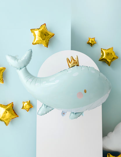 Aluminijast balon z motivom nebeško modrega kita, 78 x 50 cm z zlato krono