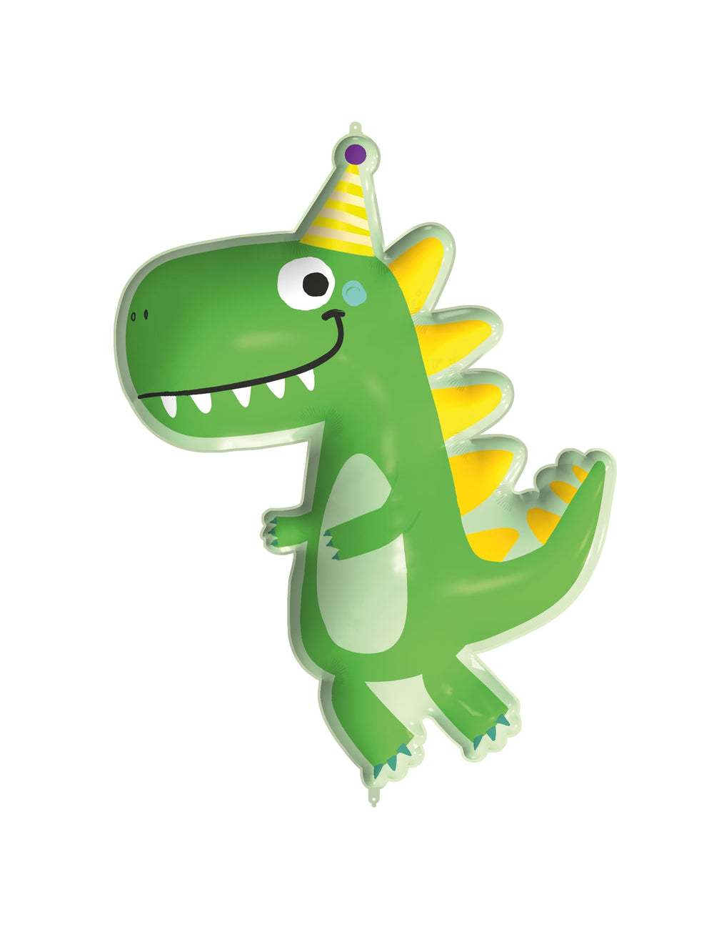 Ballon géant en aluminium Dinosaure pour enfant vert avec chapeau de fête jaune