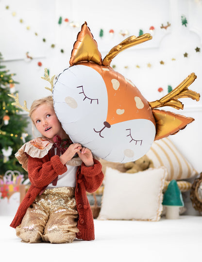 Ballon géant en aluminium tête de cerf pour enfant orange blanc et doré