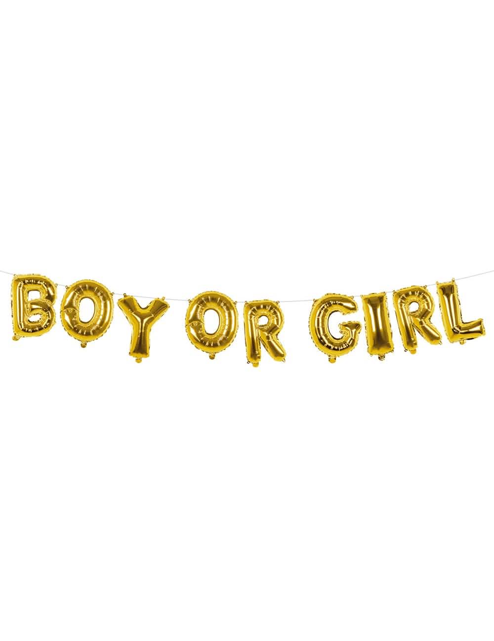 Pogled od spredaj na balonsko girlando iz aluminijastih črk boy or girl za baby shower