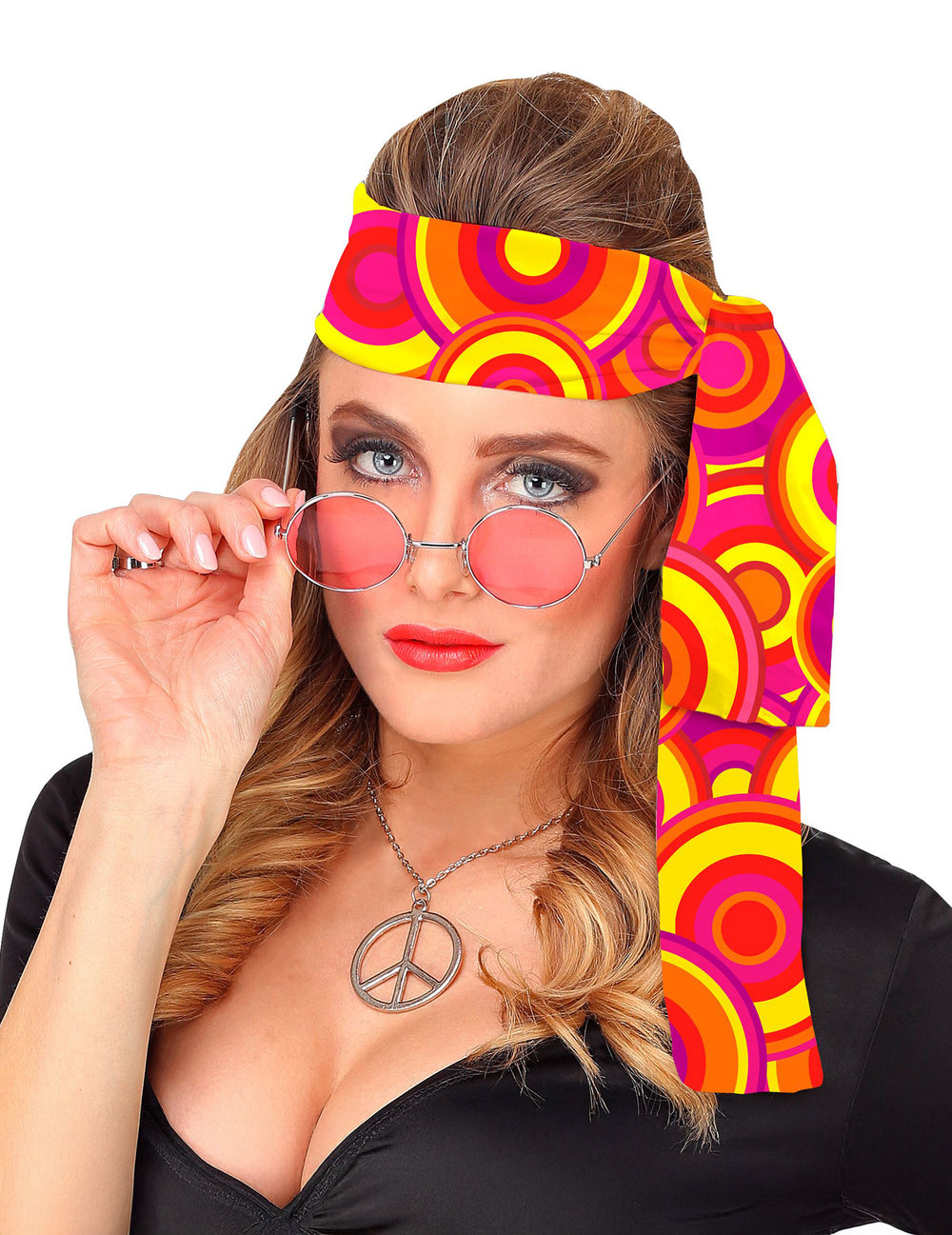 Mise en situation du bandeau années 70 pour adulte orange bubbles