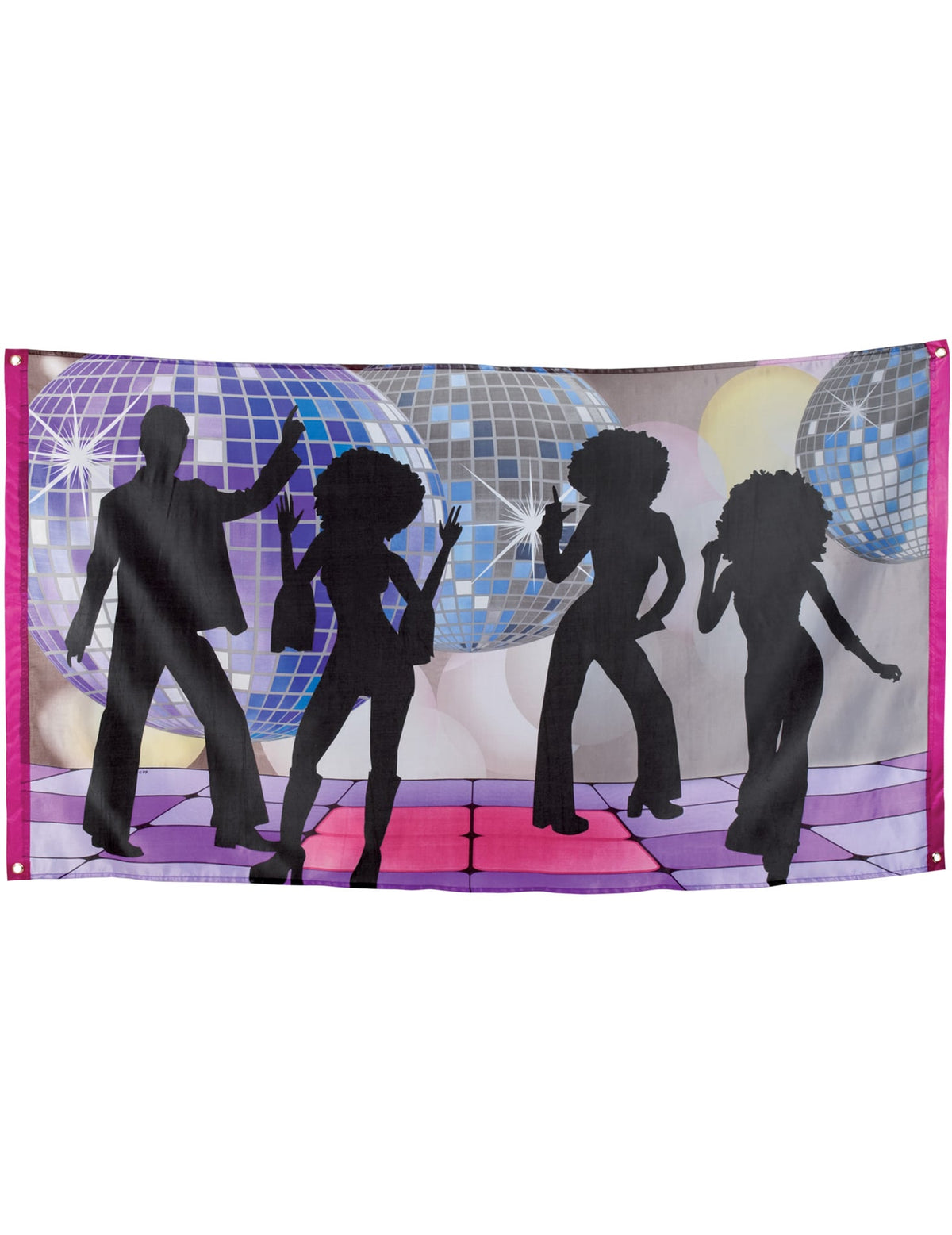 Bannière disco pour fête avec silhouettes de danseurs et boules à facettes violette et rose