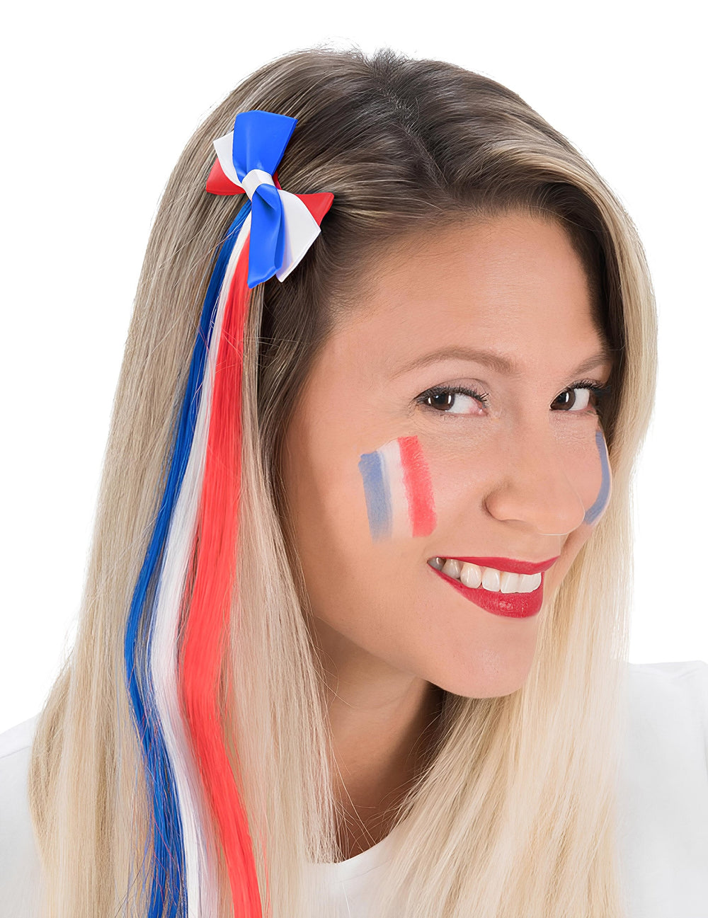 Barrette noeud supporter France pour femme bleu blanc rouge avec mèches de cheveux