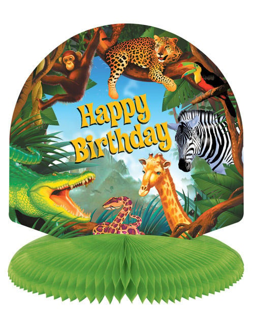 Décoration de table safari pour enfant multicolore avec animaux de la jungle et base verte