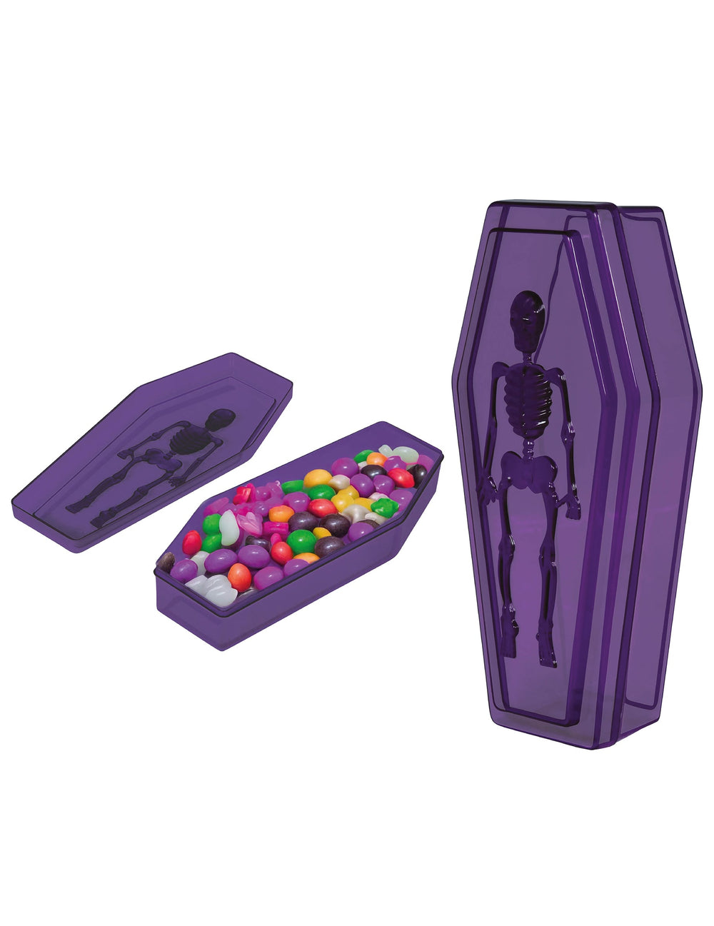 Vue de la boîte ouverte garnie de bonbons de la Boîte cercueil pour Halloween avec motif de squelette