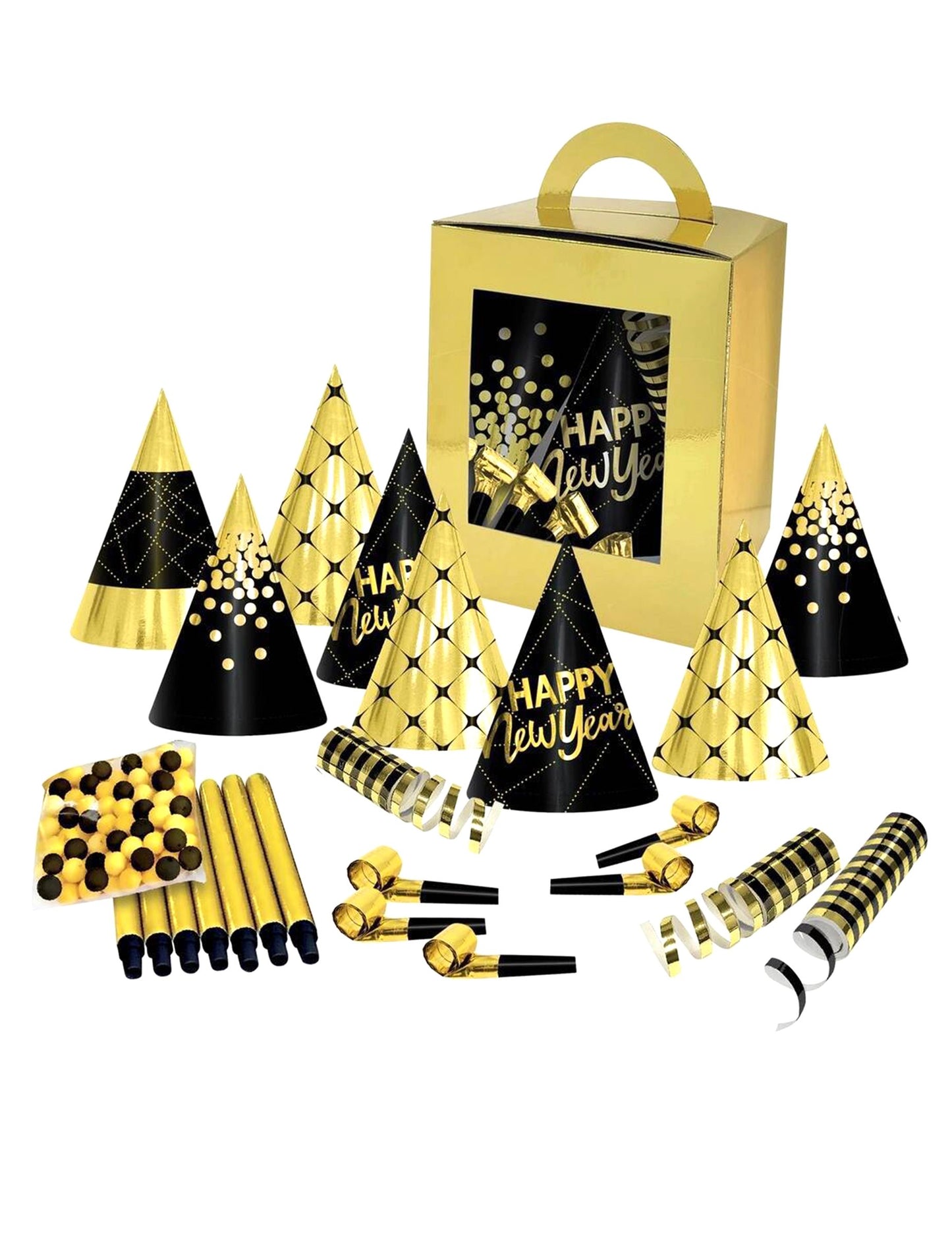 Škatla s konfeti za novo leto za 10 oseb v črni in zlati barvi 