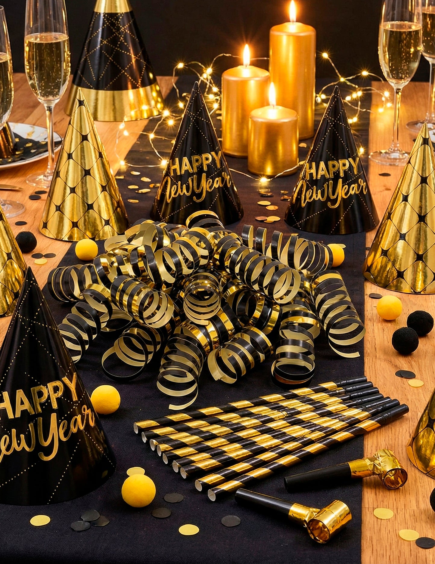 Škatla s konfeti za novo leto za 10 oseb v črni in zlati barvi 