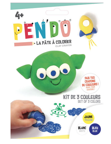 Škatla Pen'do Cosmos v rumeni, beli in modri barvici za ustvarjanje lastnih barvic.