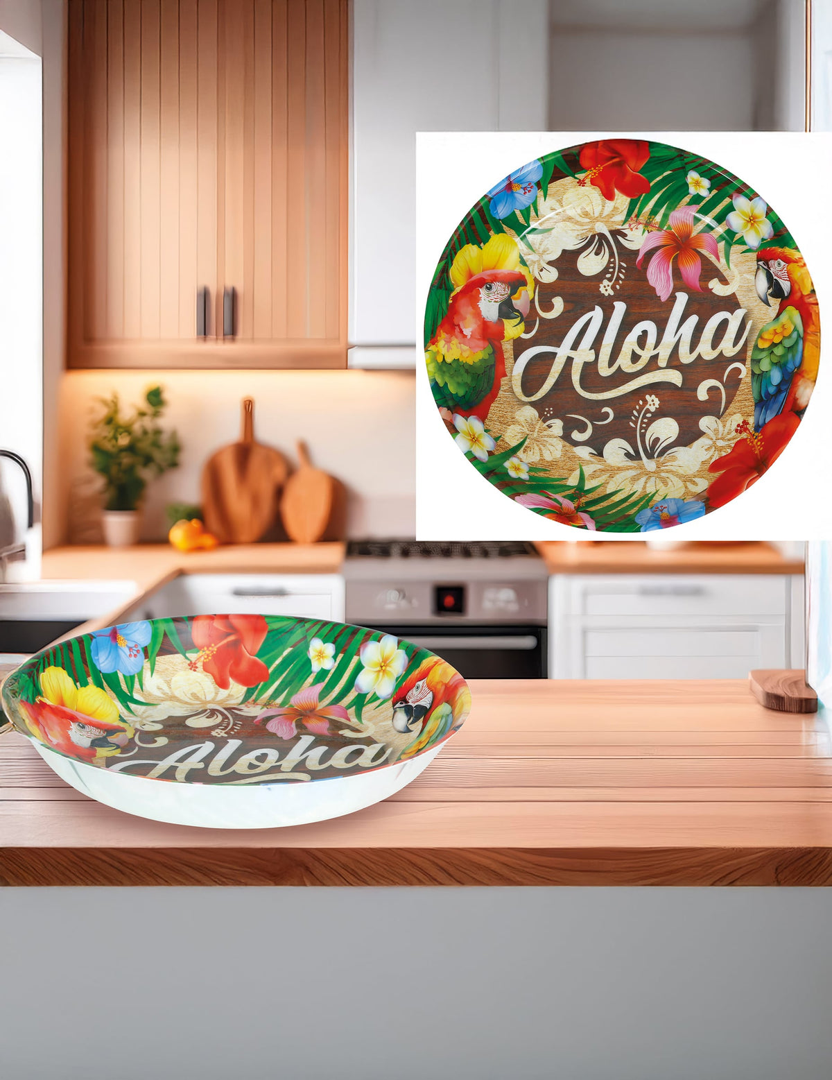 Bol Aloha Hawaï pour fête multicolore avec motifs de perroquets et fleurs tropicales
