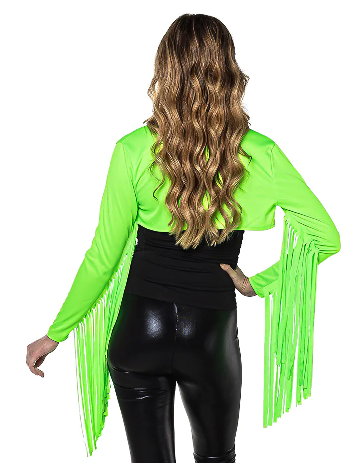 Vue de dos du boléro à franges vert fluo femme