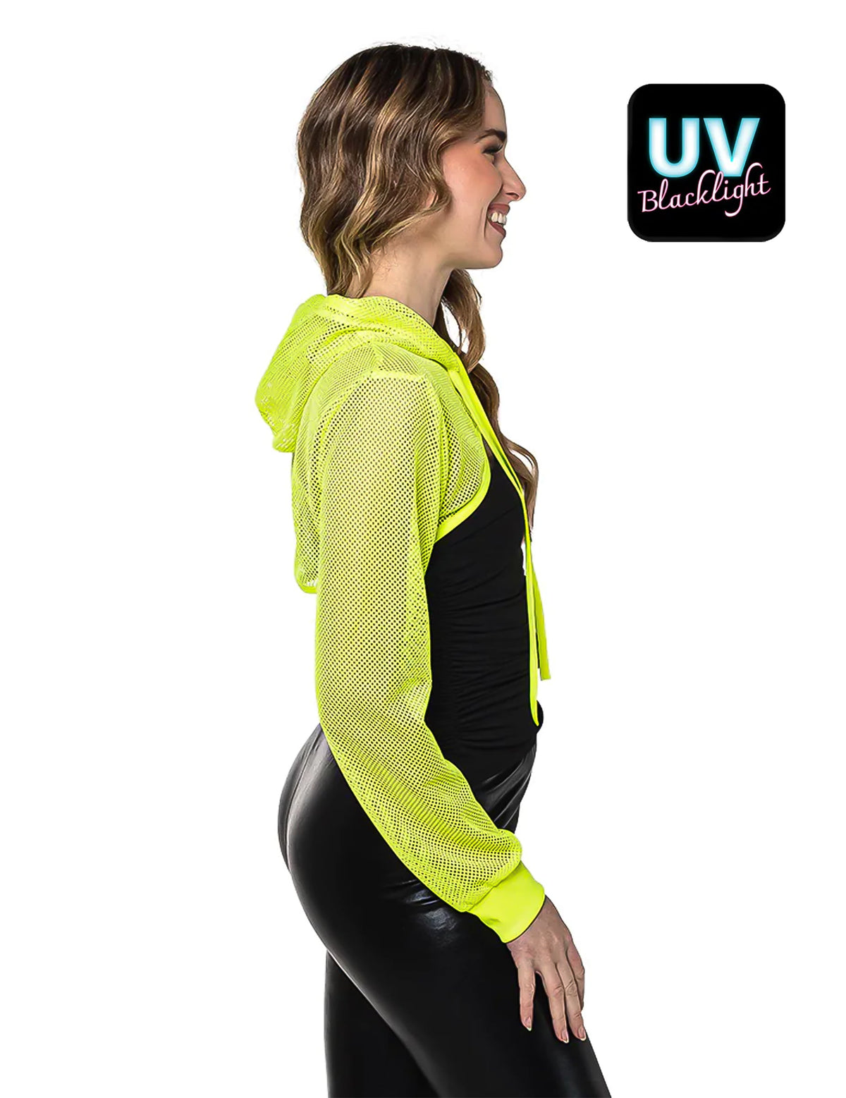 Vue de profil du boléro en résille pour femme jaune fluo