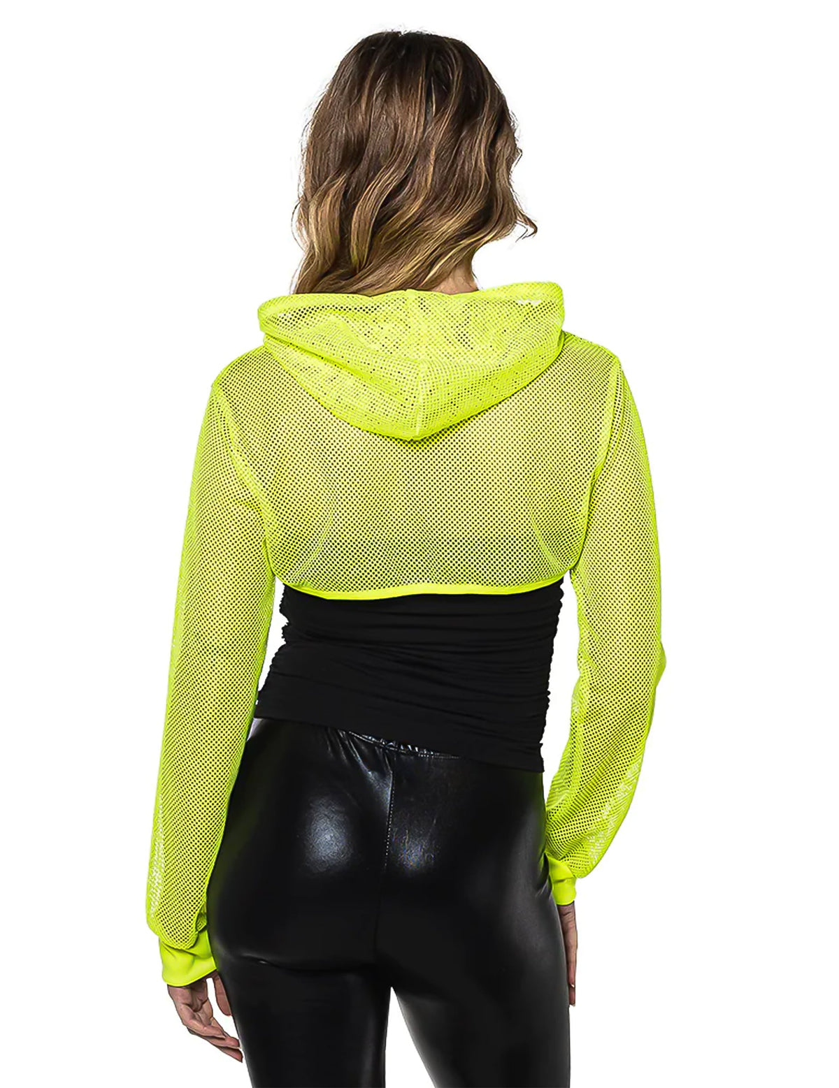 Vue de dos du boléro en résille pour femme jaune fluo