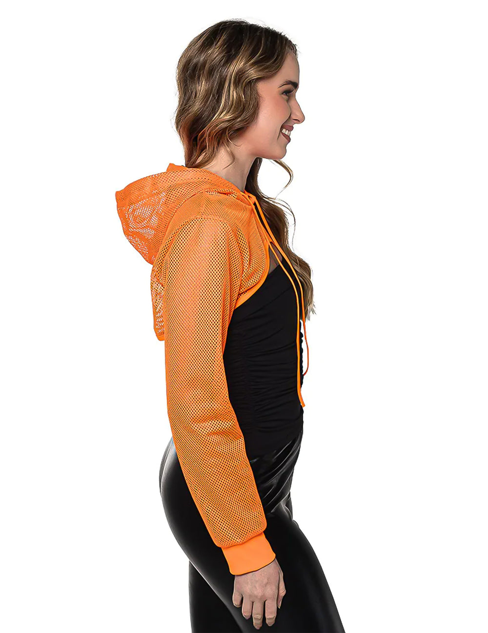 Vue de profil du boléro en résille pour femme orange fluo