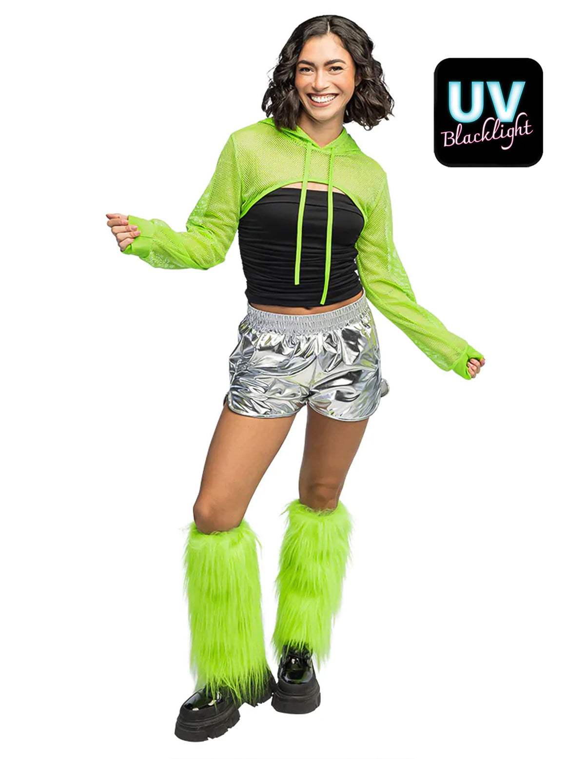 Vue d'ensemble du boléro en résille pour femme vert fluo à capuche