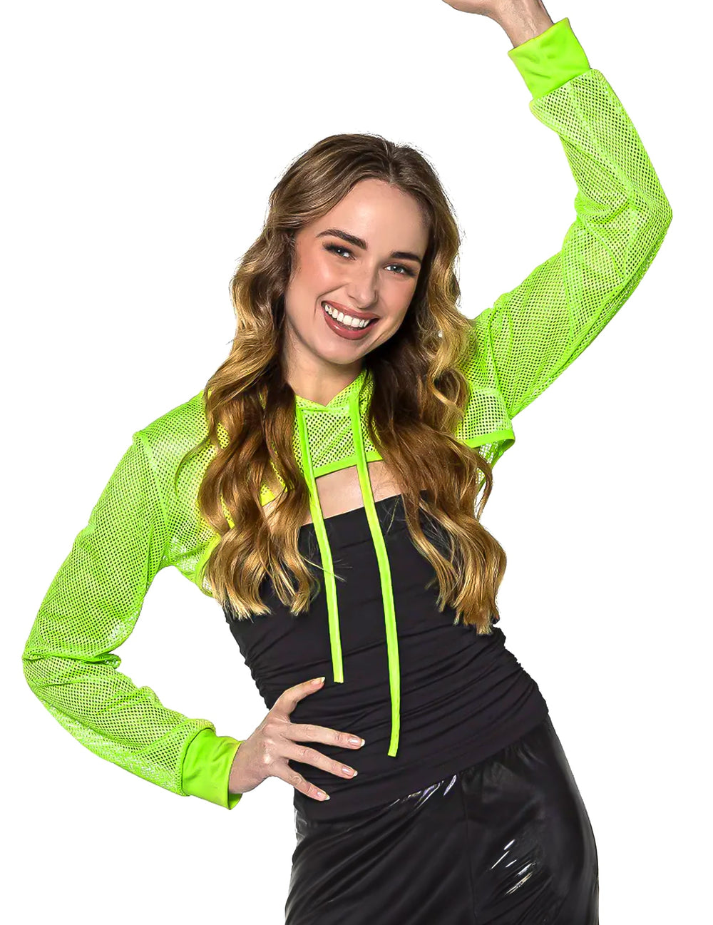Boléro en résille pour femme vert fluo à capuche