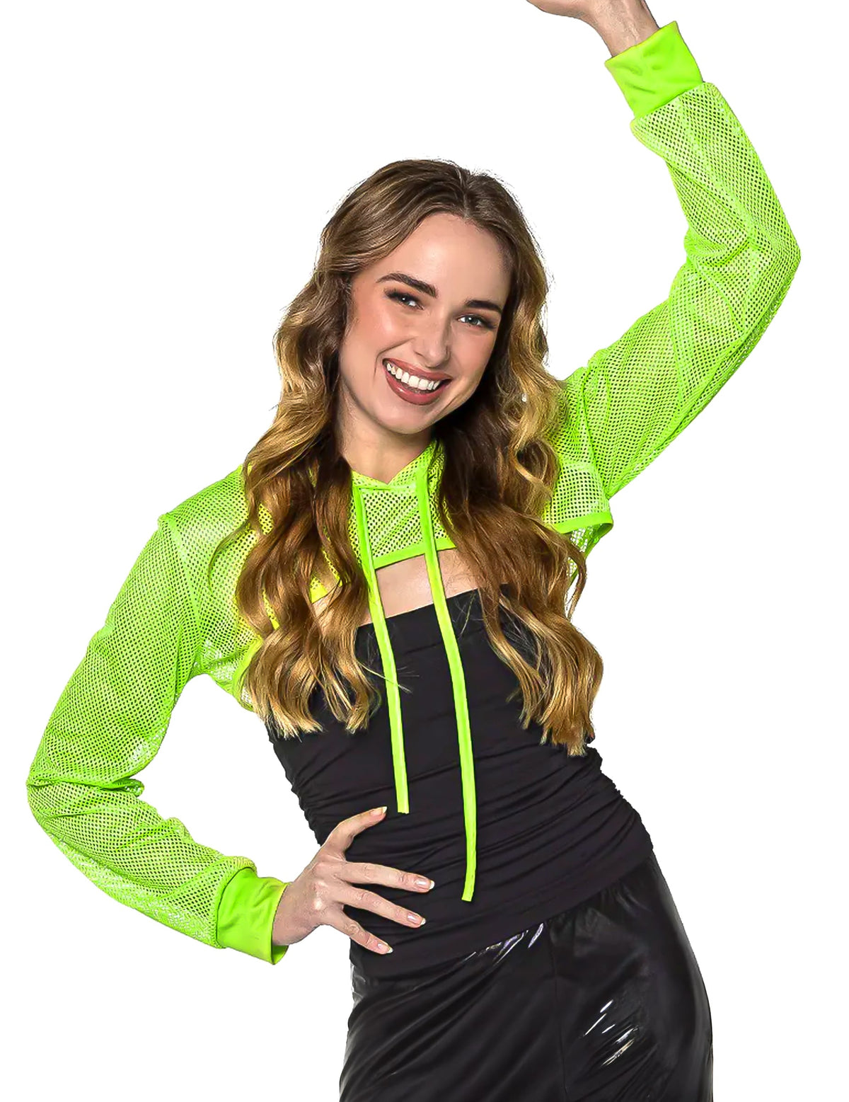 Boléro en résille pour femme vert fluo à capuche