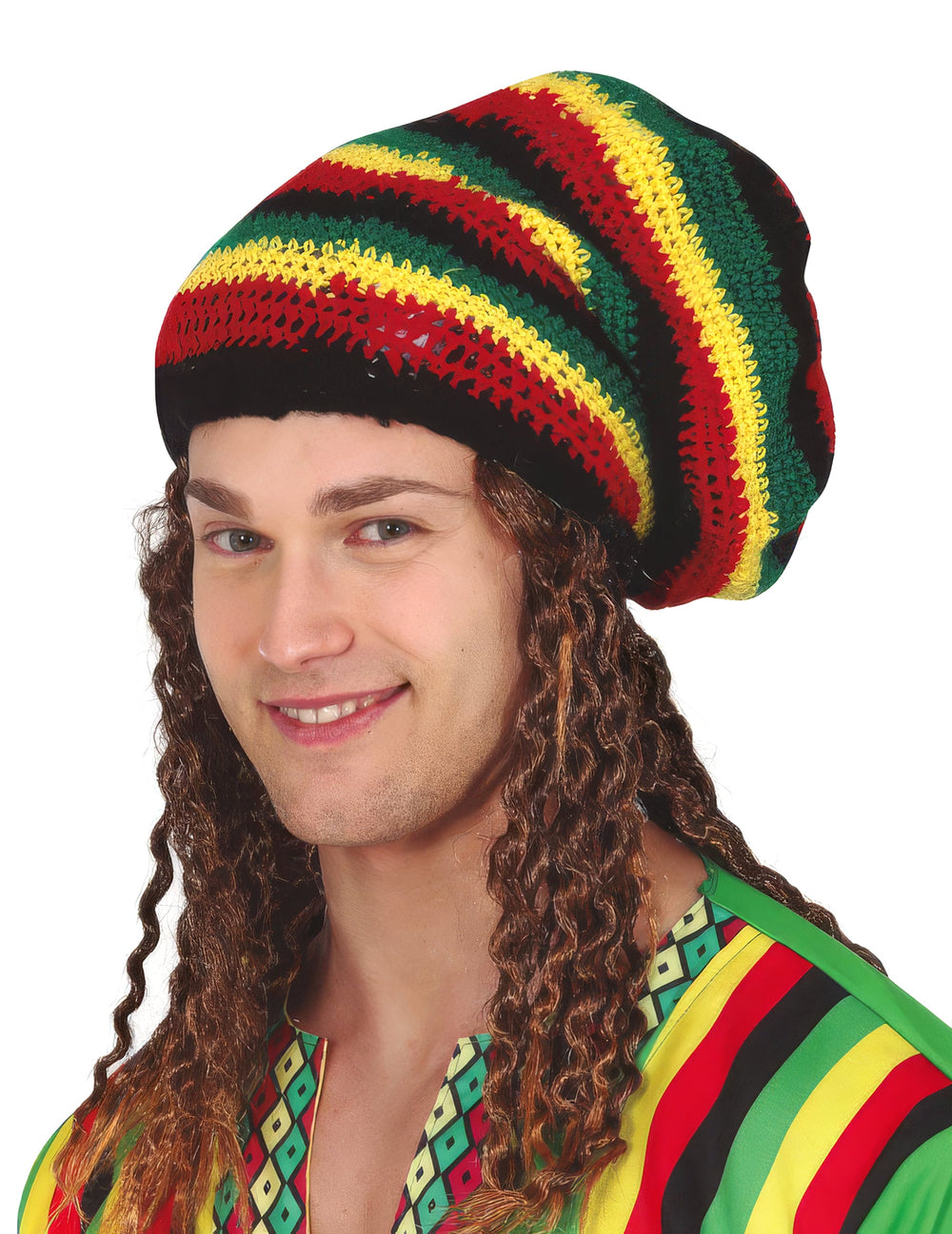 Bonnet ample rasta pour adulte rayé rouge jaune vert et noir avec dreadlocks marron