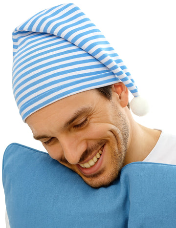 Modro -beli klobuk z odraslim pompomom