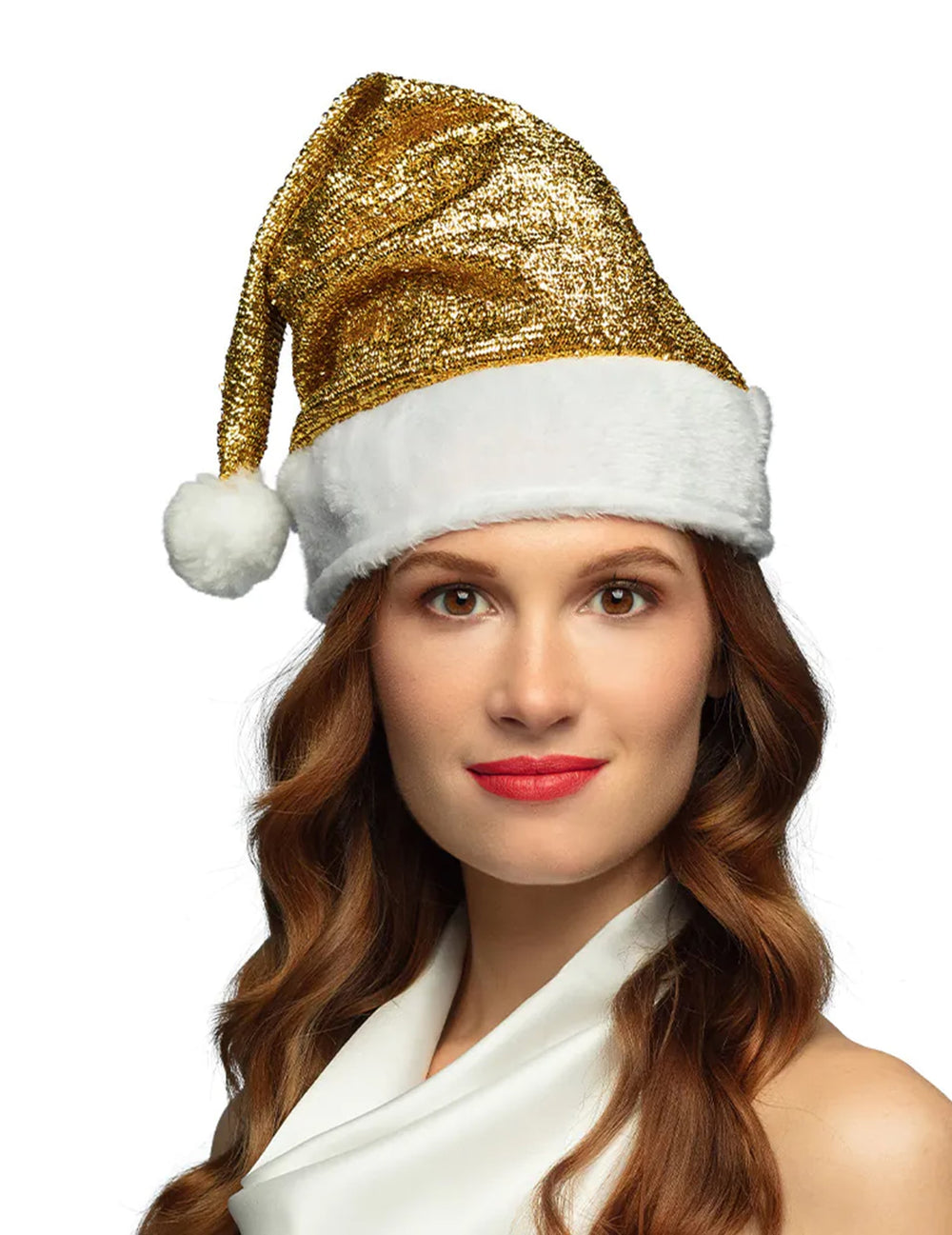 Bonnet de Noël pour adulte doré brillant avec pompon blanc