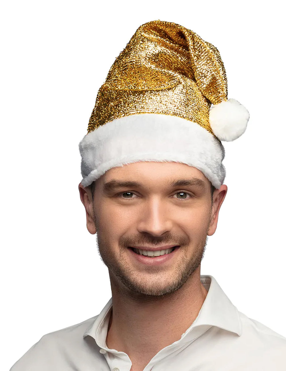 Vue de face du bonnet de Noël doré pour adulte