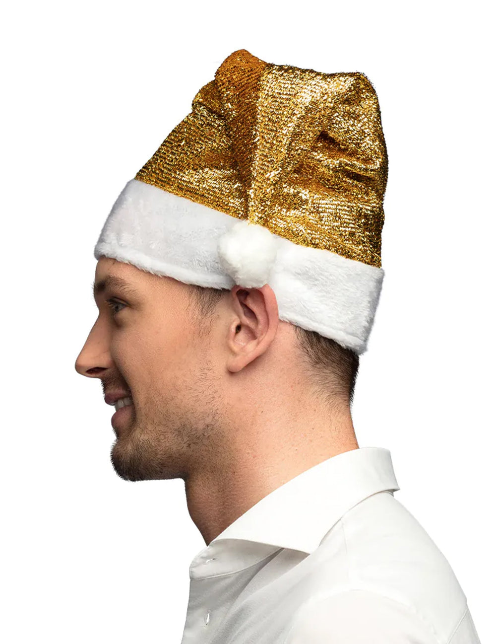 Vue de profil du bonnet de Noël doré pour adulte