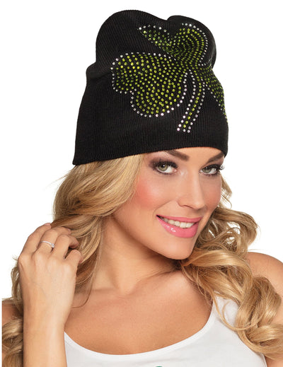 Bonnet trèfle brillant Saint Patrick pour adulte noir avec motif trèfle en strass verts