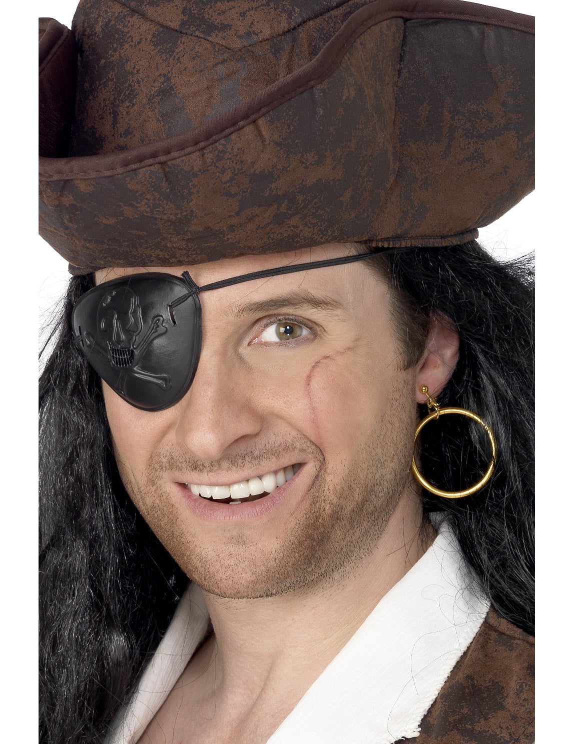 Boucle d'oreille et cache oeil pirate pour adulte noir et doré