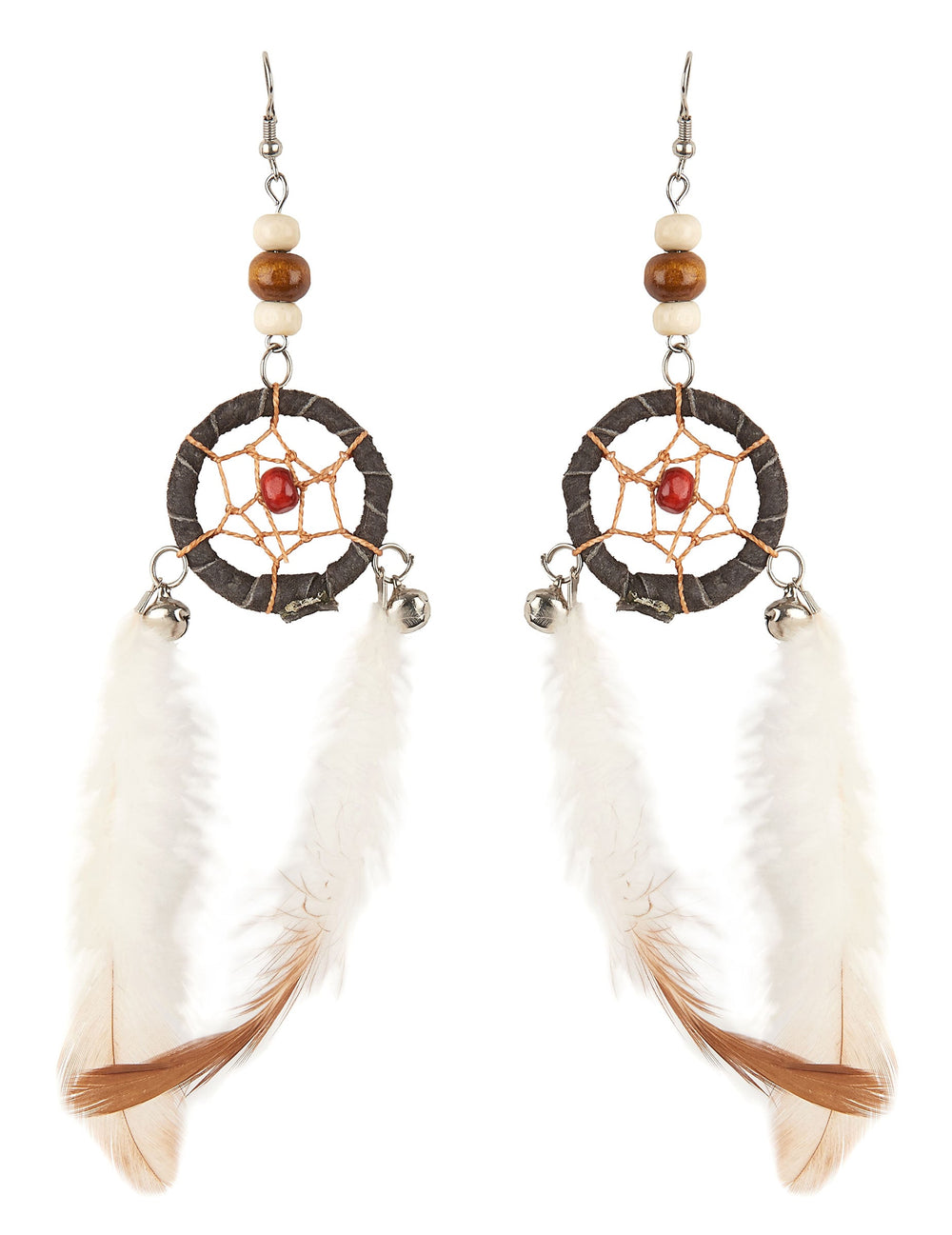 Boucles d'oreilles attrape-rêves pour adulte avec plumes blanches et marron