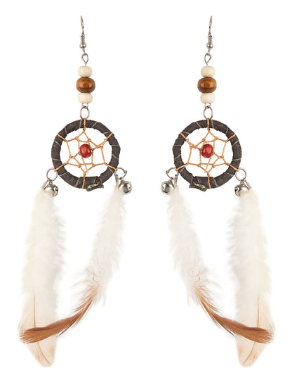 Boucles d'oreilles attrape-rêves pour adulte avec plumes blanches et marron