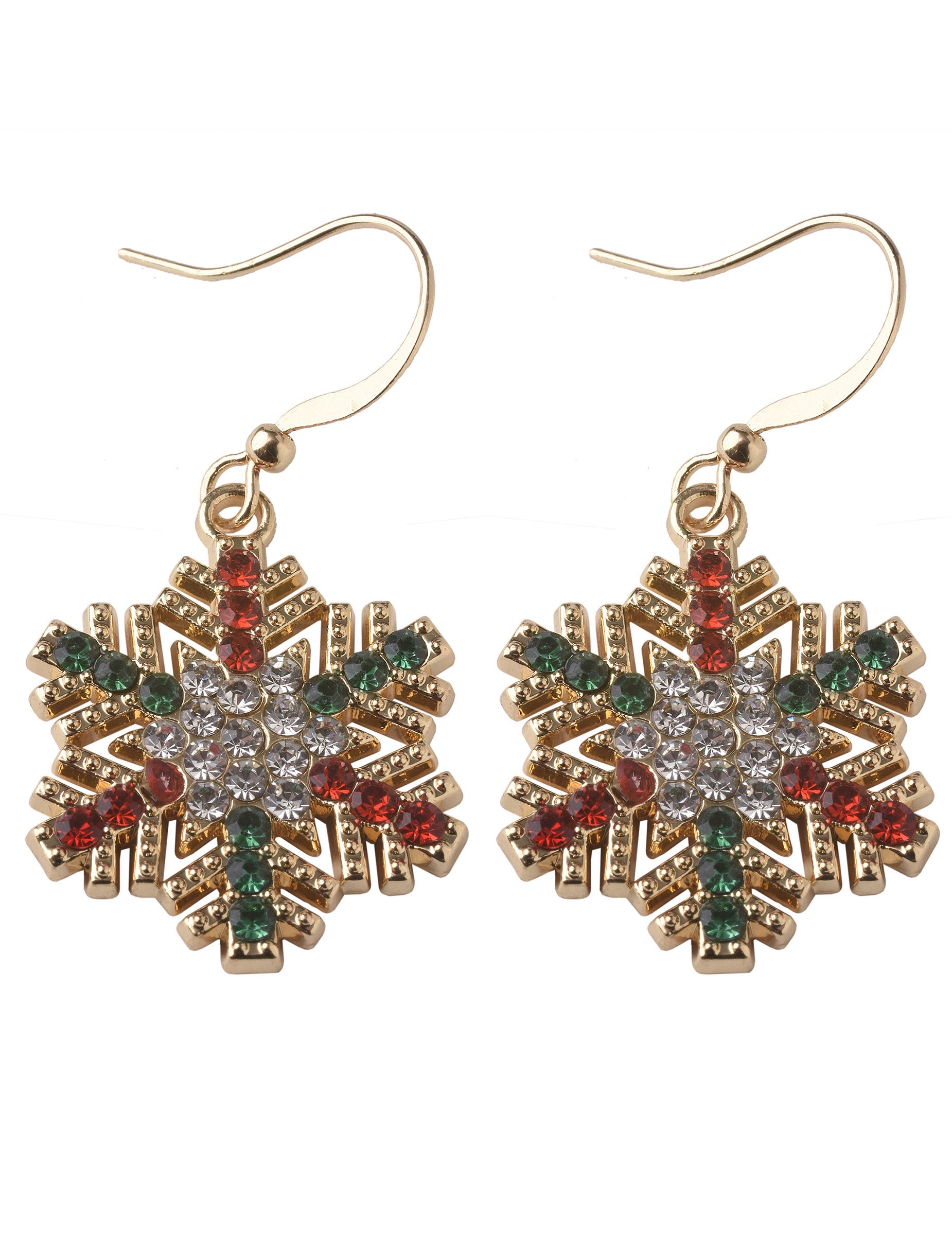 Boucles d'oreilles flocons de Noël à strass pour femme dorées avec strass rouges et verts