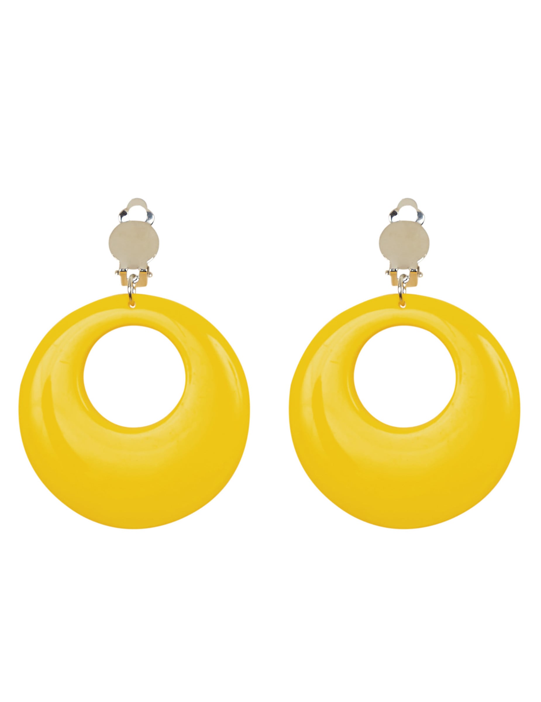 Détail du fermoir à clip des boucles d'oreilles jaune fluo pour adulte