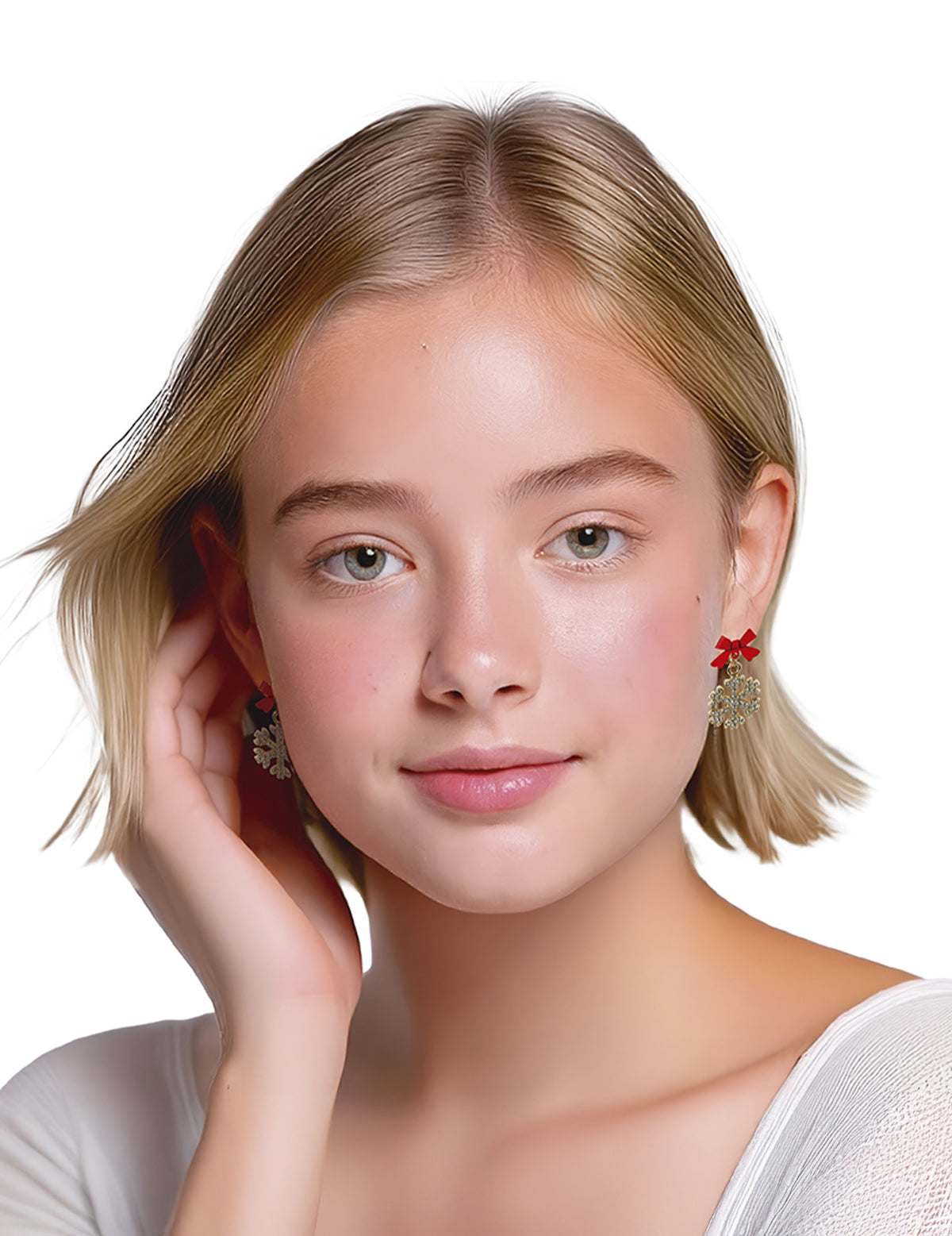 Boucles d'oreilles métalliques flocons de neige brillants pour femme dorées avec petit nœud rouge