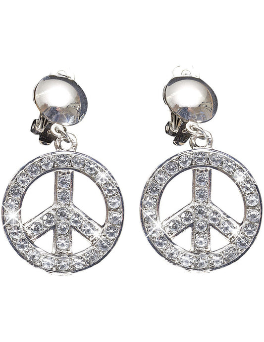 Boucles d'oreilles peace and love pour adulte argentées avec strass