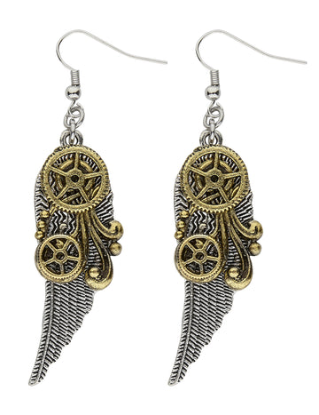 Boucles d'oreilles rouages et plumes Steampunk pour adulte argentées et dorées