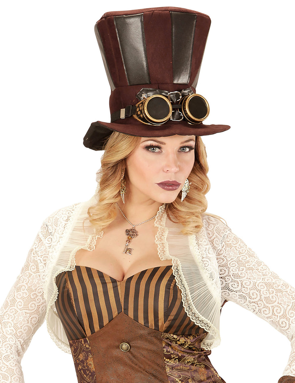 Portrait de face des boucles d'oreilles rouages et plumes Steampunk pour adulte