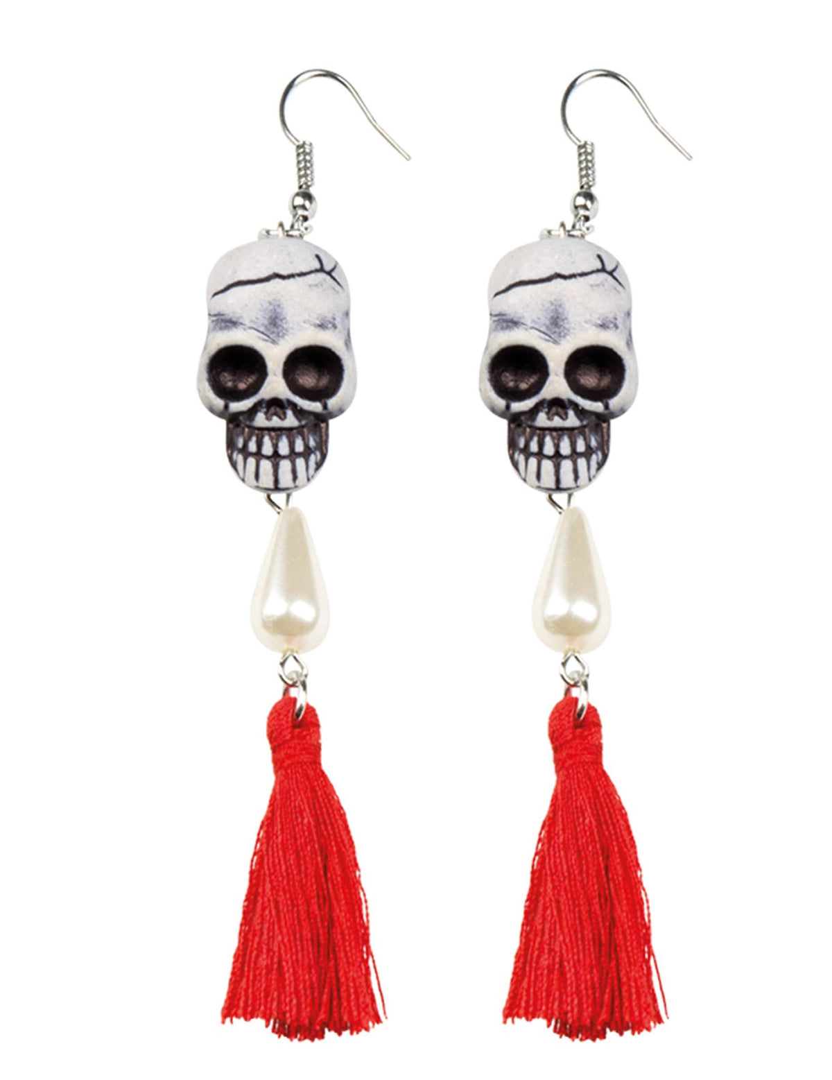 Uhani z motivom lobanje Dia de los muertos za žensko, rdeči s pomponi in perlicami