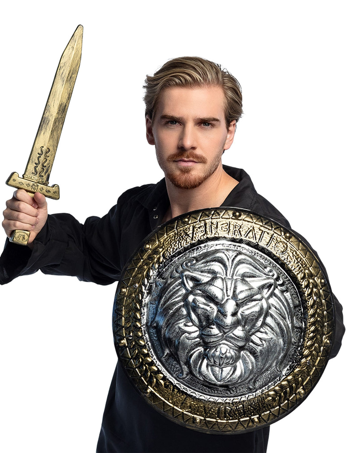 Bouclier et Epée de Combat gladiateur pour homme or et argent avec tête de lion