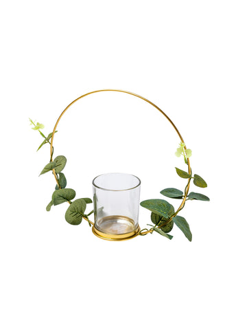 Kovinski svečnik, vzorec evkaliptusa na zlatem robu 22 cm obesiti