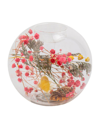 Bougeoir transparent fleurs séchées colorées 11 x 10,5 cm mariage champêtre