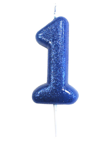 Bleščeča modra svečka številka 1 na palčki 7 cm za rojstni dan