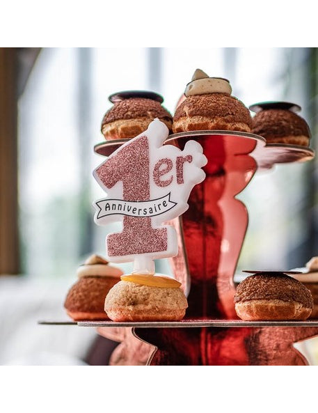 Bougie 1er anniversaire paillettes rose gold 10 x 8 cm avec bobèche pour gâteau