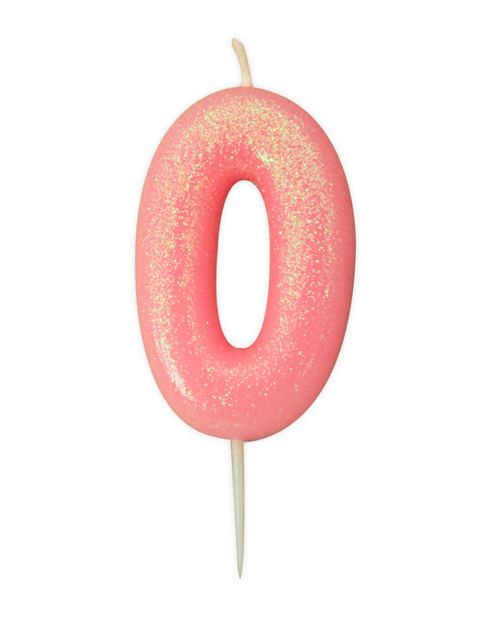 Bougie d'anniversaire chiffre 0 rose irisé