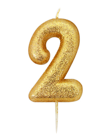 Bleščeča zlata svečka v obliki številke 2, 8,5 cm, s paličico 