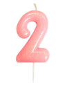 Bougie chiffre 2 pour anniversaire rose irisé à paillettes