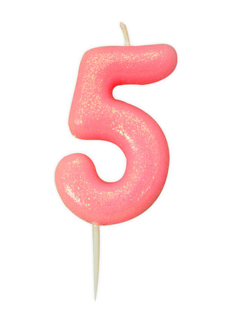 Rojstnodnevna svečka številka 5 roza irisirana 9 cm z bleščicami 