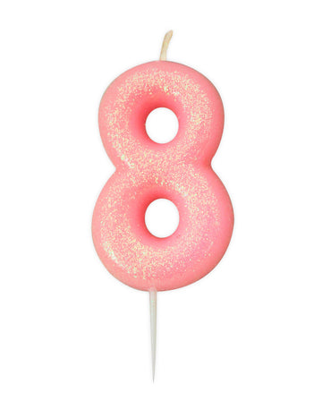 Svečka v obliki številke 8 roza biserne barve 9 cm z bleščicami 