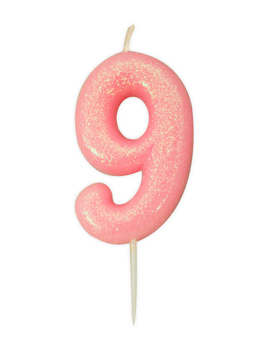 Bougie chiffre 9 pour gâteau rose irisé et pailletée