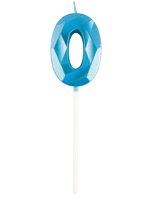 Vue de face du chiffre 0 de la bougie chiffre pour anniversaire bleue effet diamant