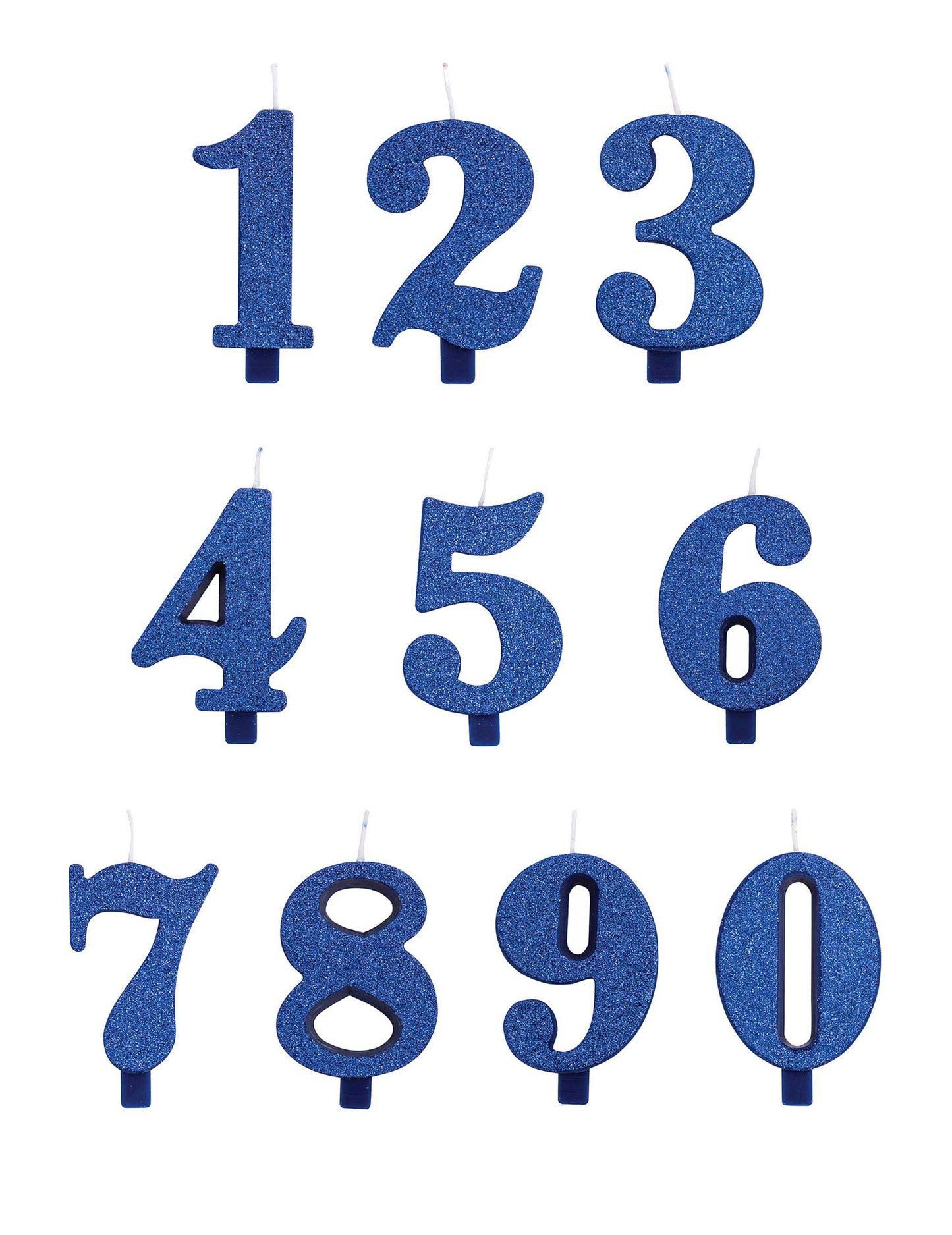 Vue d'ensemble des chiffres de 0 à 9 de la bougie anniversaire chiffre bleue pailletée