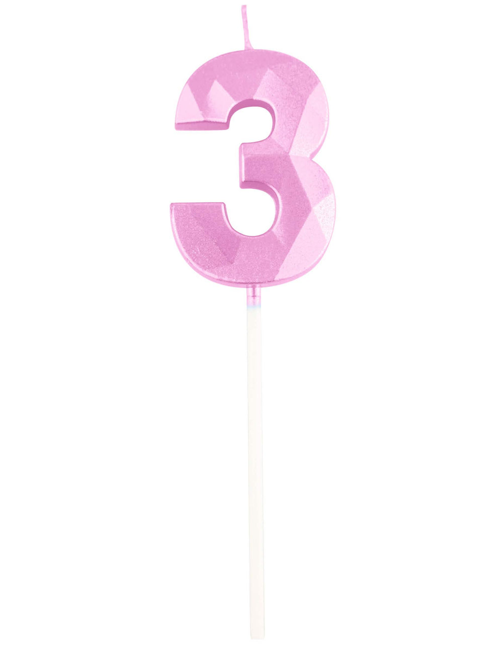 Detajl številke 3 na pastelno roza rojstnodnevni sveči s številko z diamantnim učinkom